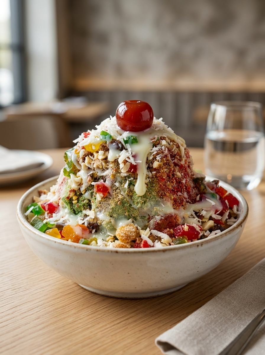 Baraf ka gola shaved ice dessert loaded with jelly, nuts and a cherry