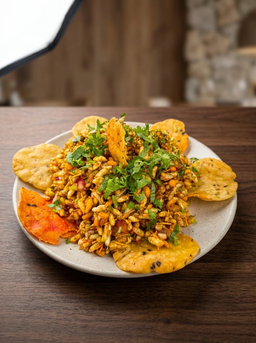 Bhel puri with crisp papdi on the side