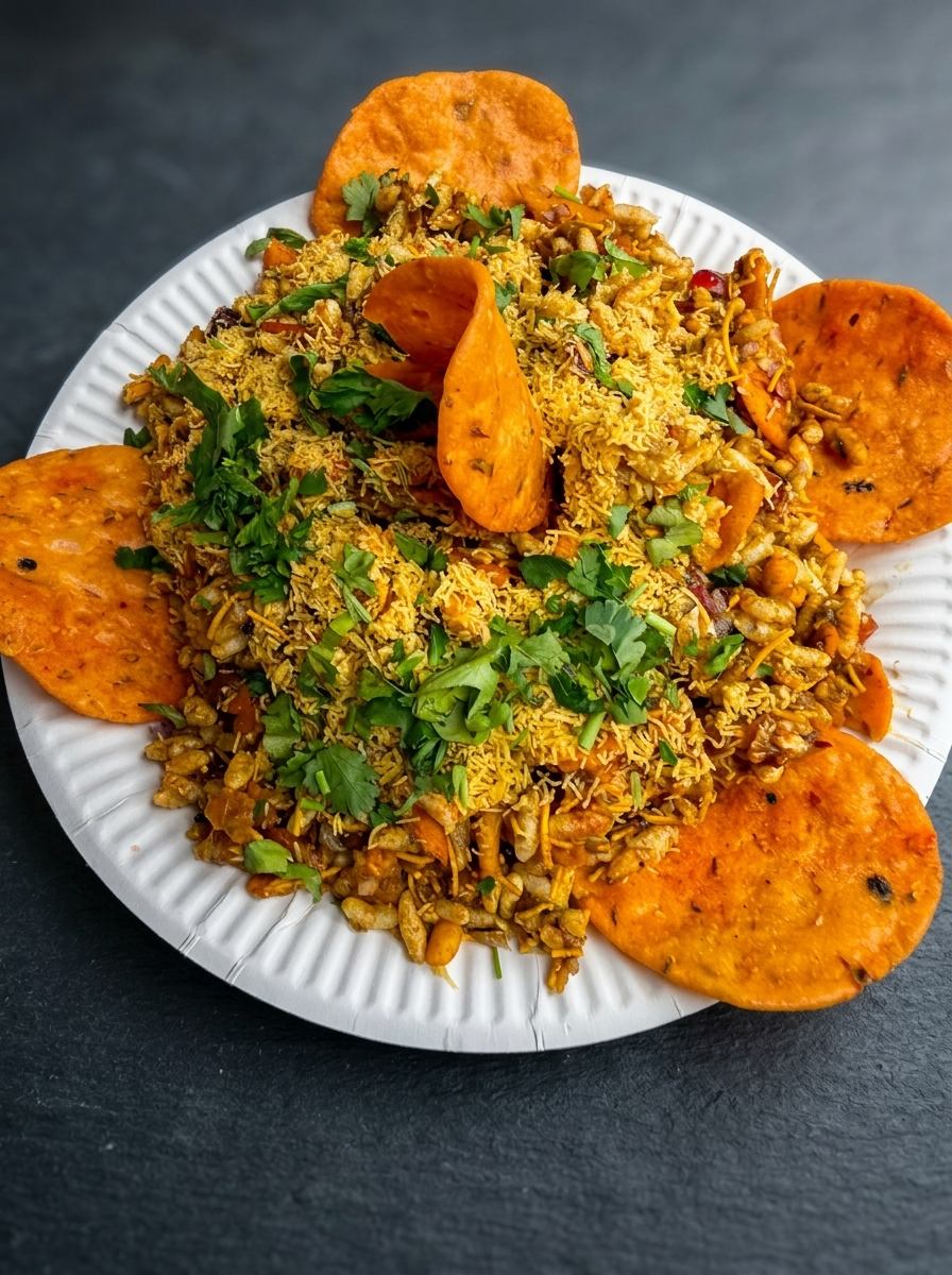 Bhel puri piled high with puffed rice, sev and fresh coriander, served with papdi