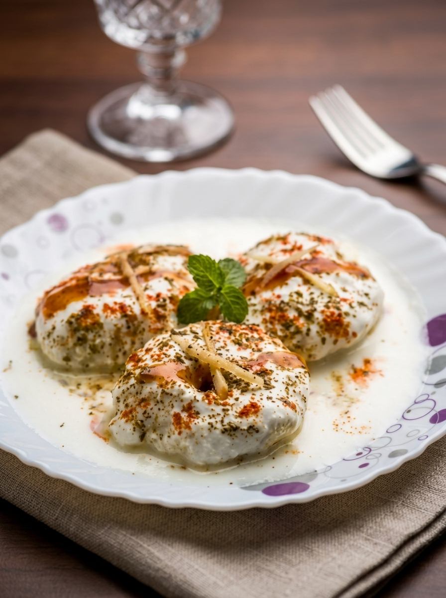 Dahi puri topped with whipped yoghurt, tamarind chutney and pomegranate