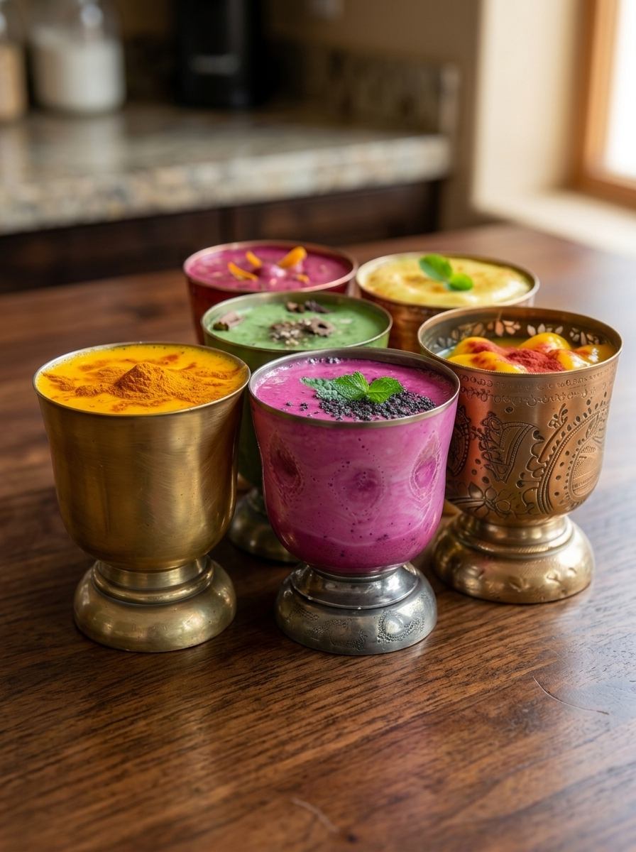 A flight of colourful lassi flavours served in traditional metal cups