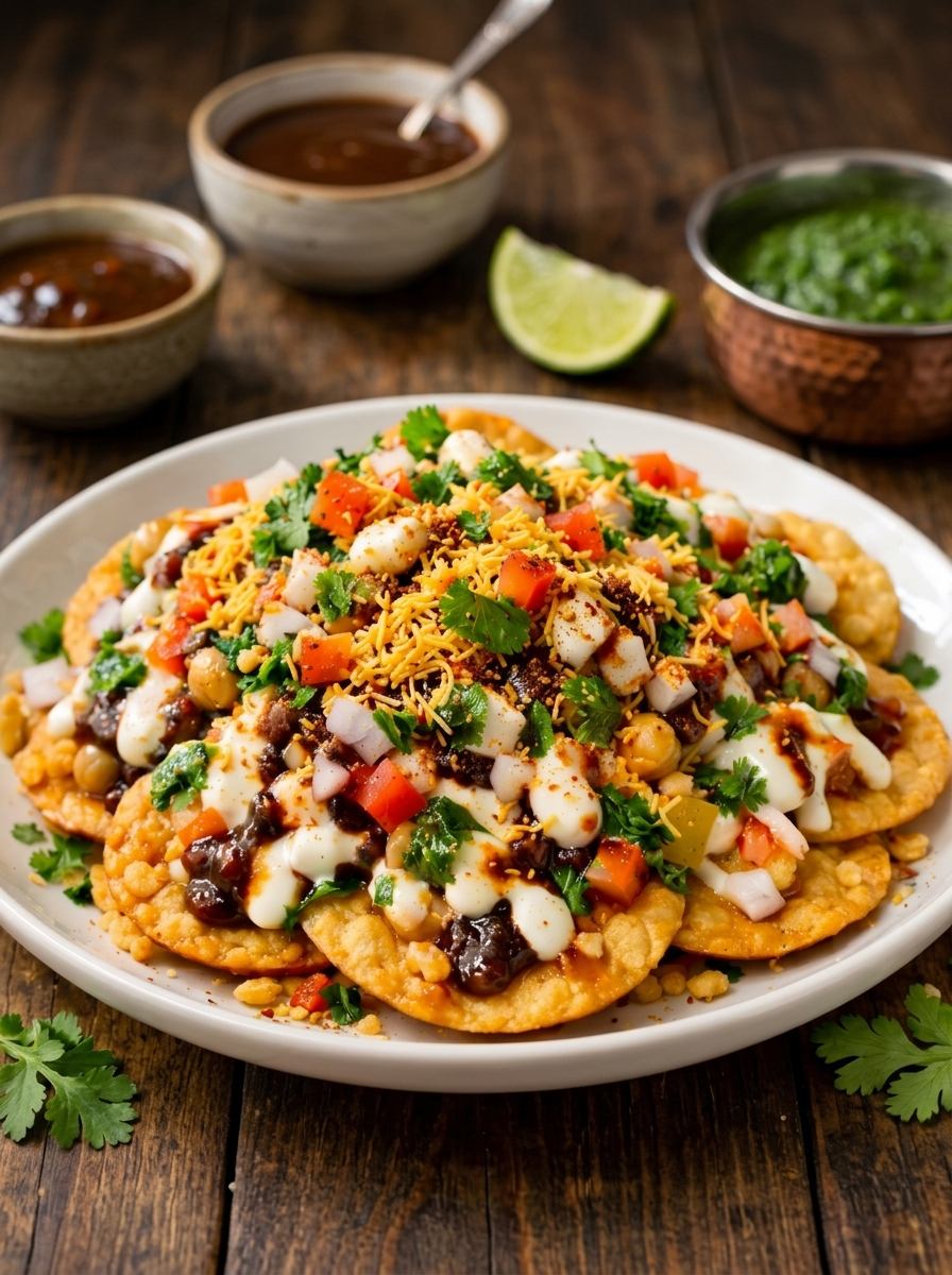 Masala crisp chaat loaded with papdi, sev and fresh coriander