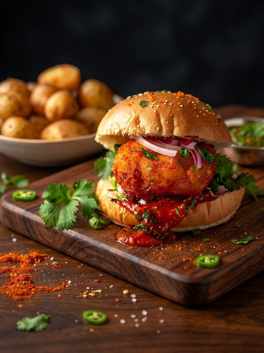 Close-up of a spiced vada pav burger with red chutney and pickled onion
